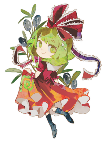 An image of Hina Kagiyama from the Touhou Project games, twirling and holding an olive branch.